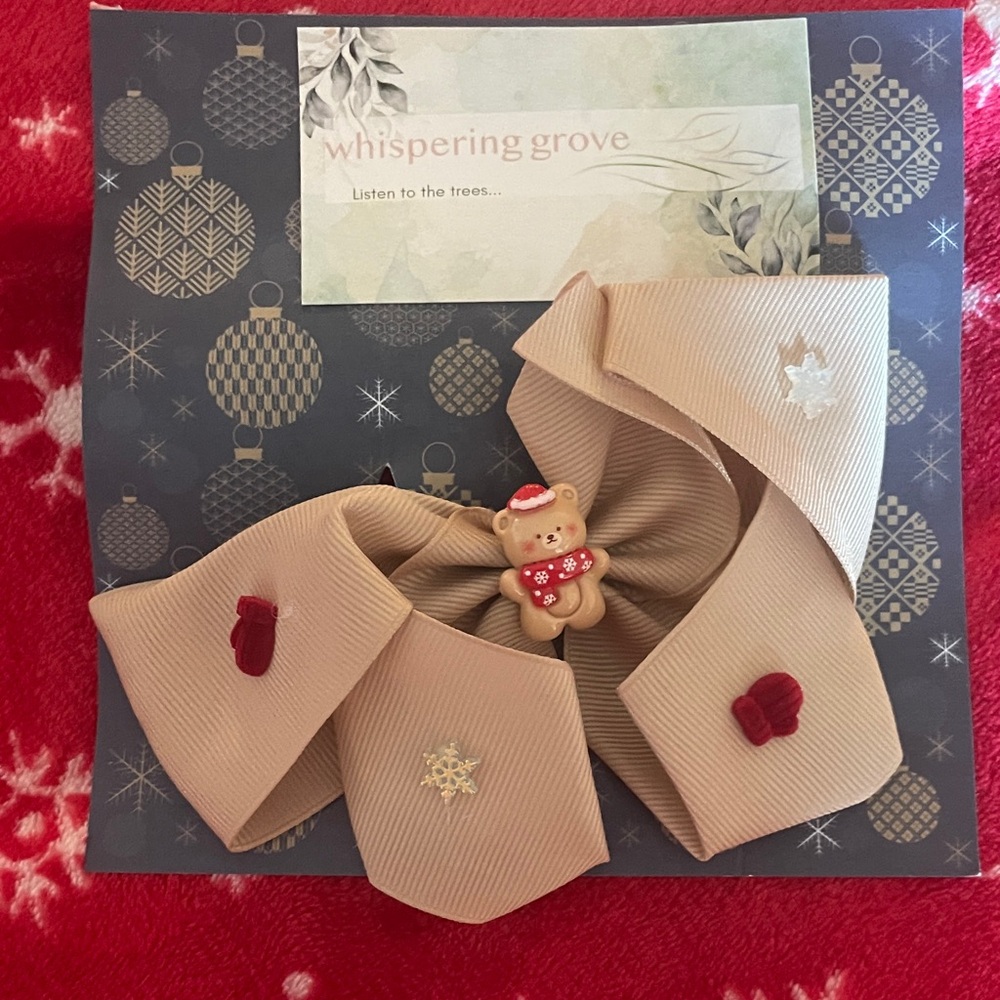 🎄Handmade Festive Beige Ribbon with Bear and Mittens